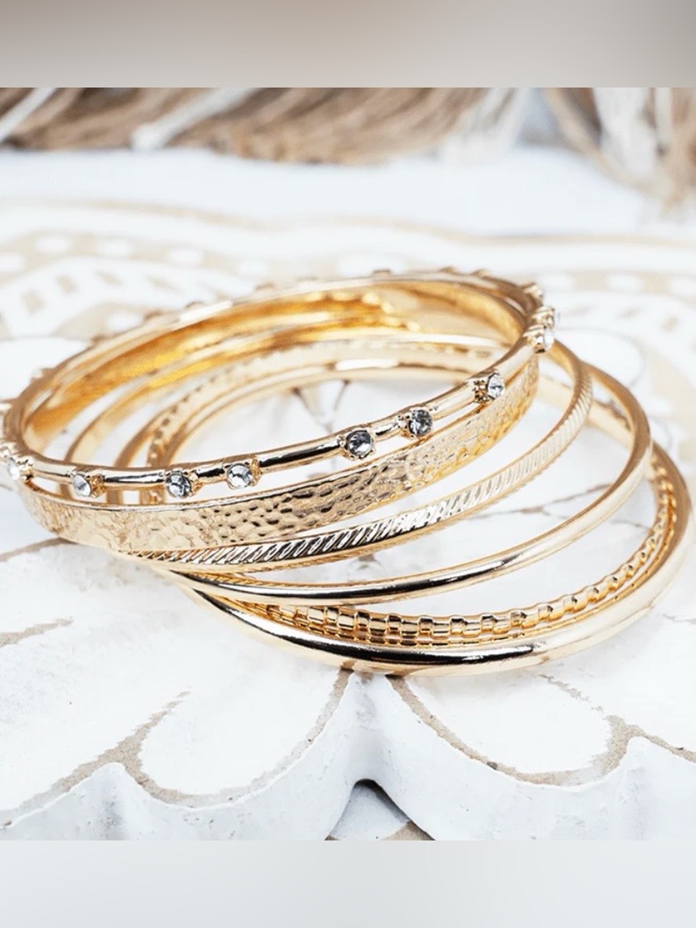 New In Package…Boutique Gold Tone Textured/CZ 6 Piece Bangle Bracelet Set